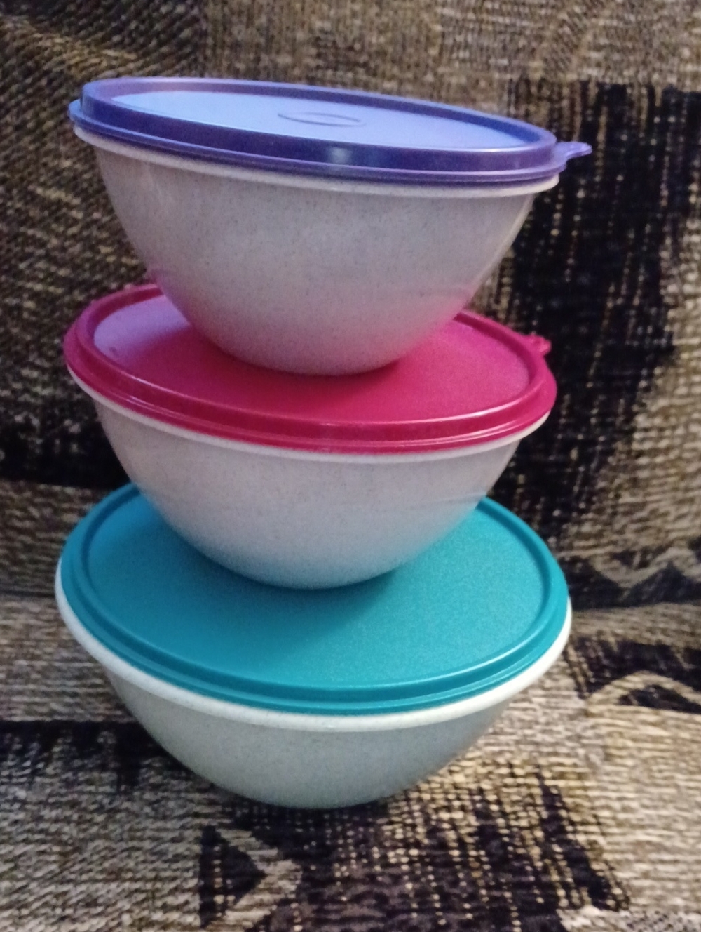 4/$60 Tupperware Mixing Bowls with Purple, Pink, and Teal Lids